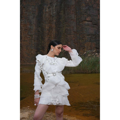 Label Iris Ivory Embellished Ruffle Dress With Belt (set of 2)