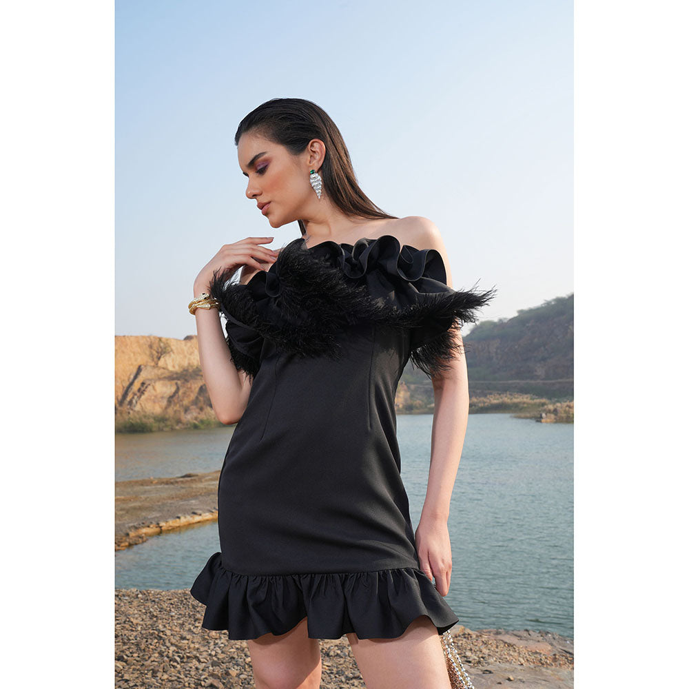 Label Iris Black Ruffle Feather Dress