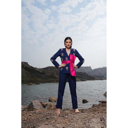 Label Iris Navy Embellished Bow Jacket With Pant (Set of 2)