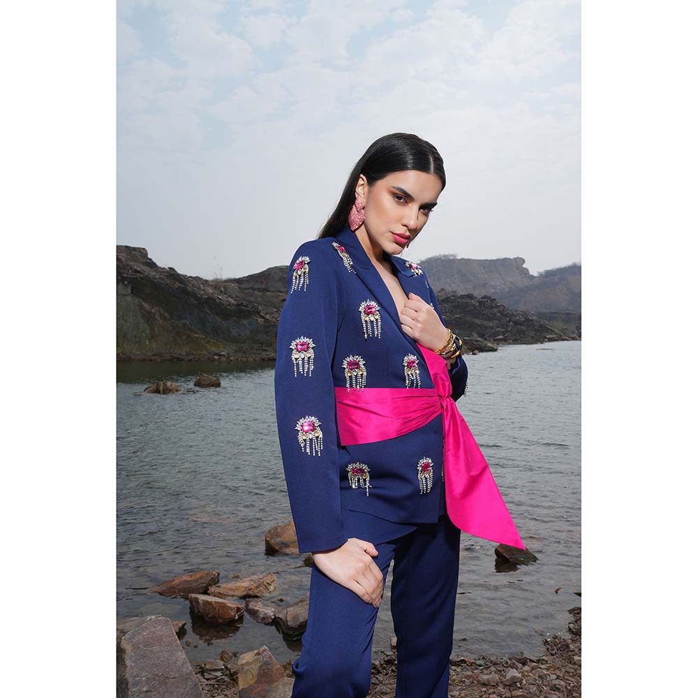 Label Iris Navy Embellished Bow Jacket With Pant (Set of 2)