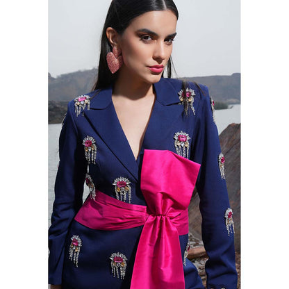 Label Iris Navy Embellished Bow Jacket With Pant (Set of 2)