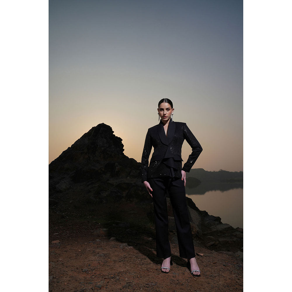 Label Iris Black Sequin Ruffle Jacket With Pant (Set of 2)