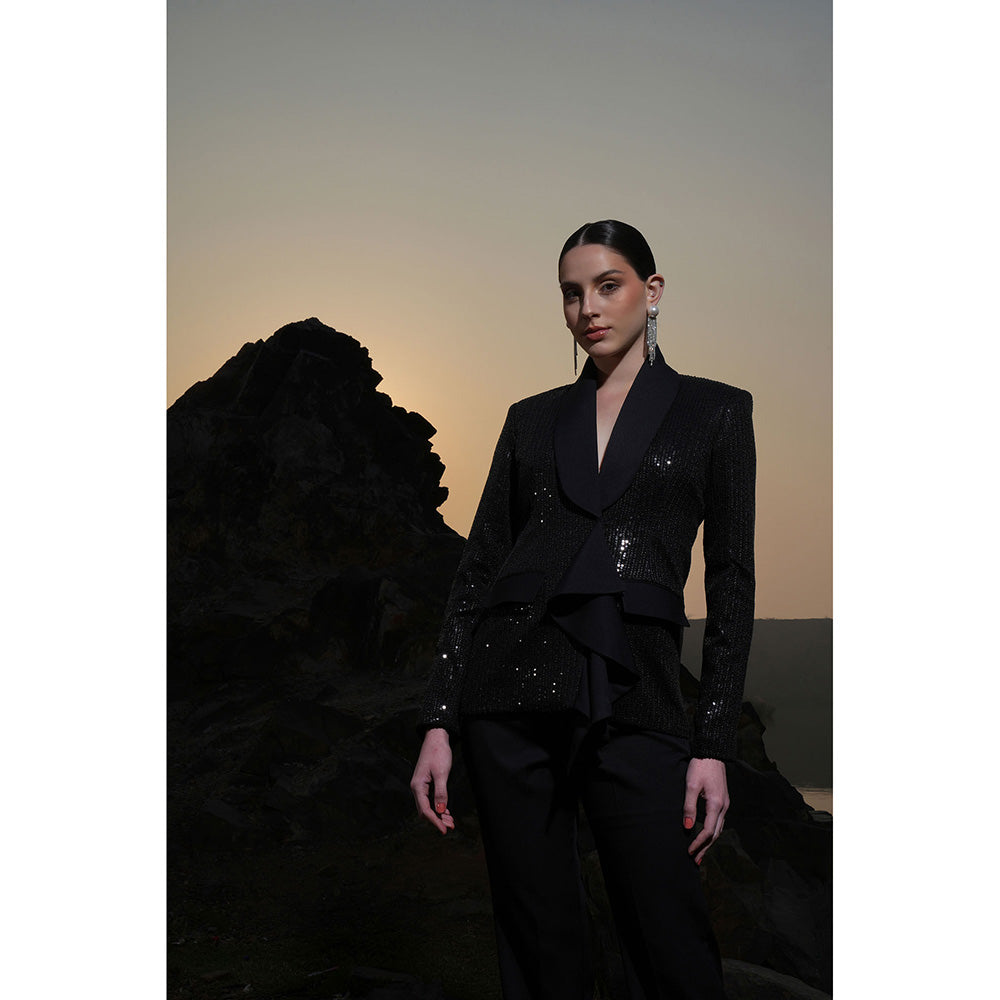 Label Iris Black Sequin Ruffle Jacket With Pant (Set of 2)