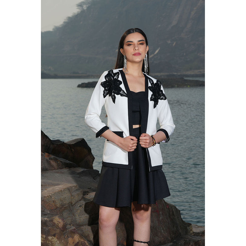 Label Iris Ivory And Black Beaded Flower Skirt With Bustier And Jacket (Set of 3)