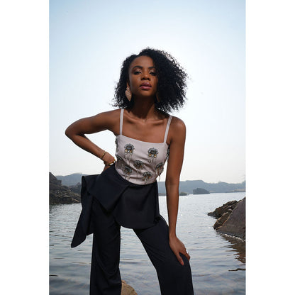 Label Iris Cream And Black Embellished Jumpsuit