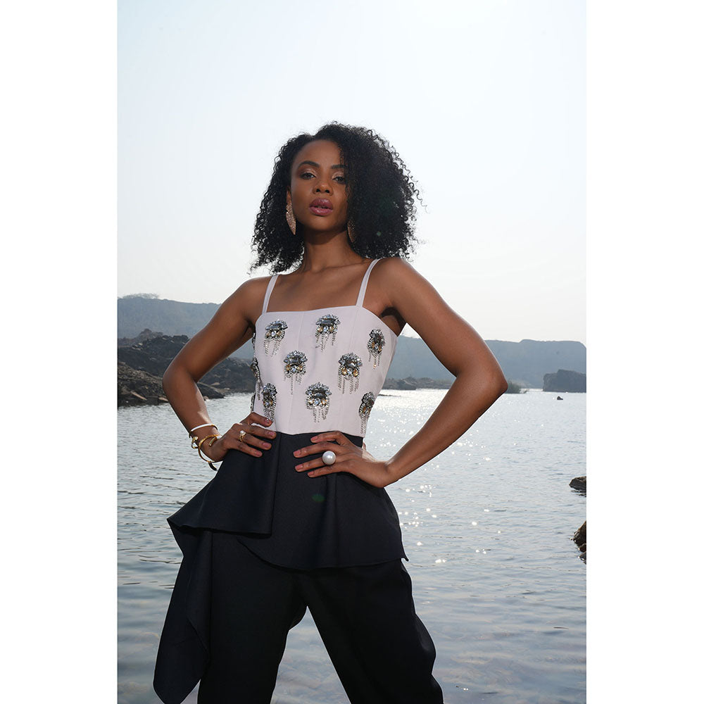 Label Iris Cream And Black Embellished Jumpsuit
