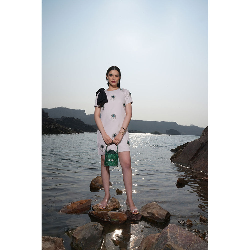 Label Iris Cream Embellished Bow Dress