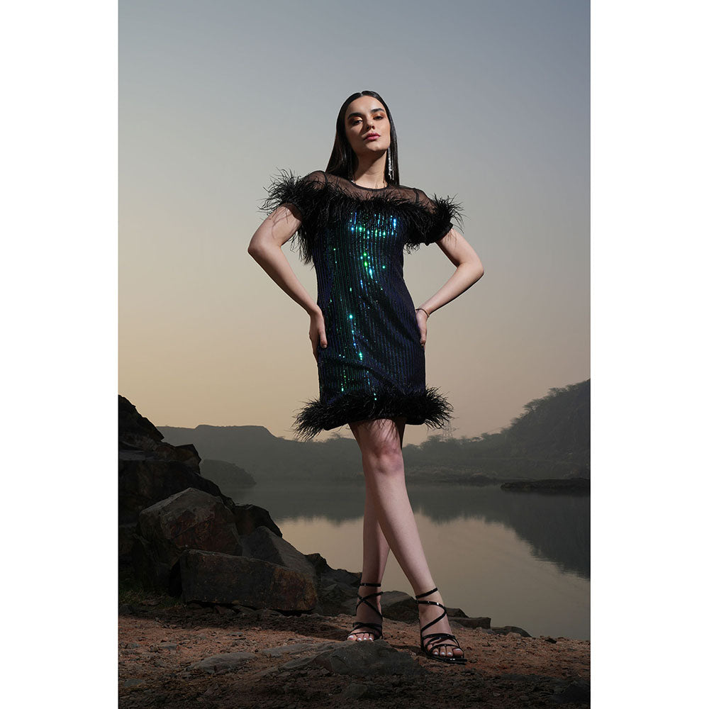 Label Iris Green And Black Rainbow Sequin Feather Dress