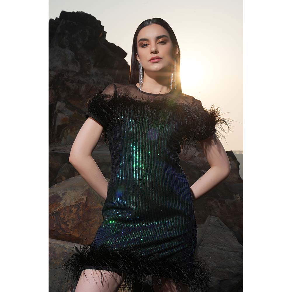 Label Iris Green And Black Rainbow Sequin Feather Dress