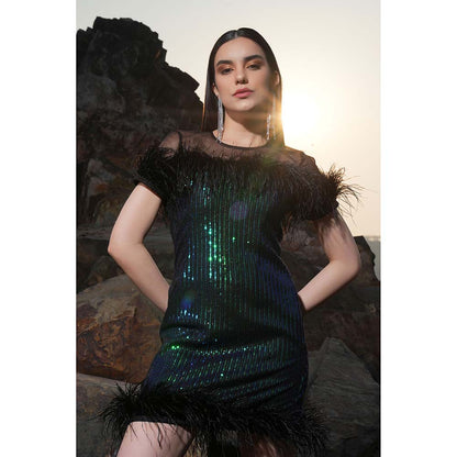 Label Iris Green And Black Rainbow Sequin Feather Dress
