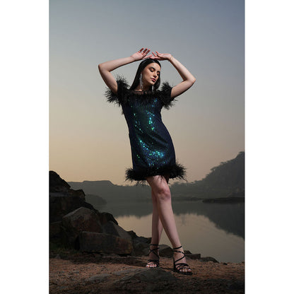 Label Iris Green And Black Rainbow Sequin Feather Dress