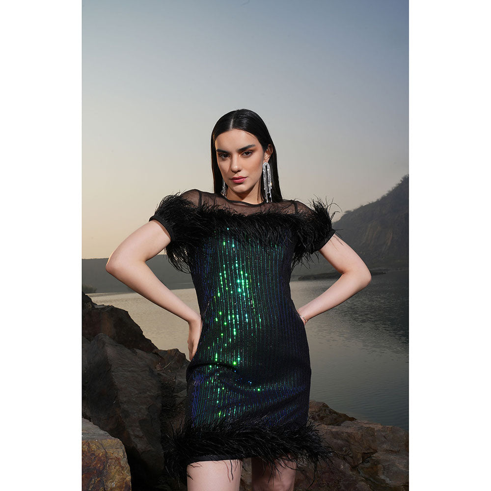 Label Iris Green And Black Rainbow Sequin Feather Dress