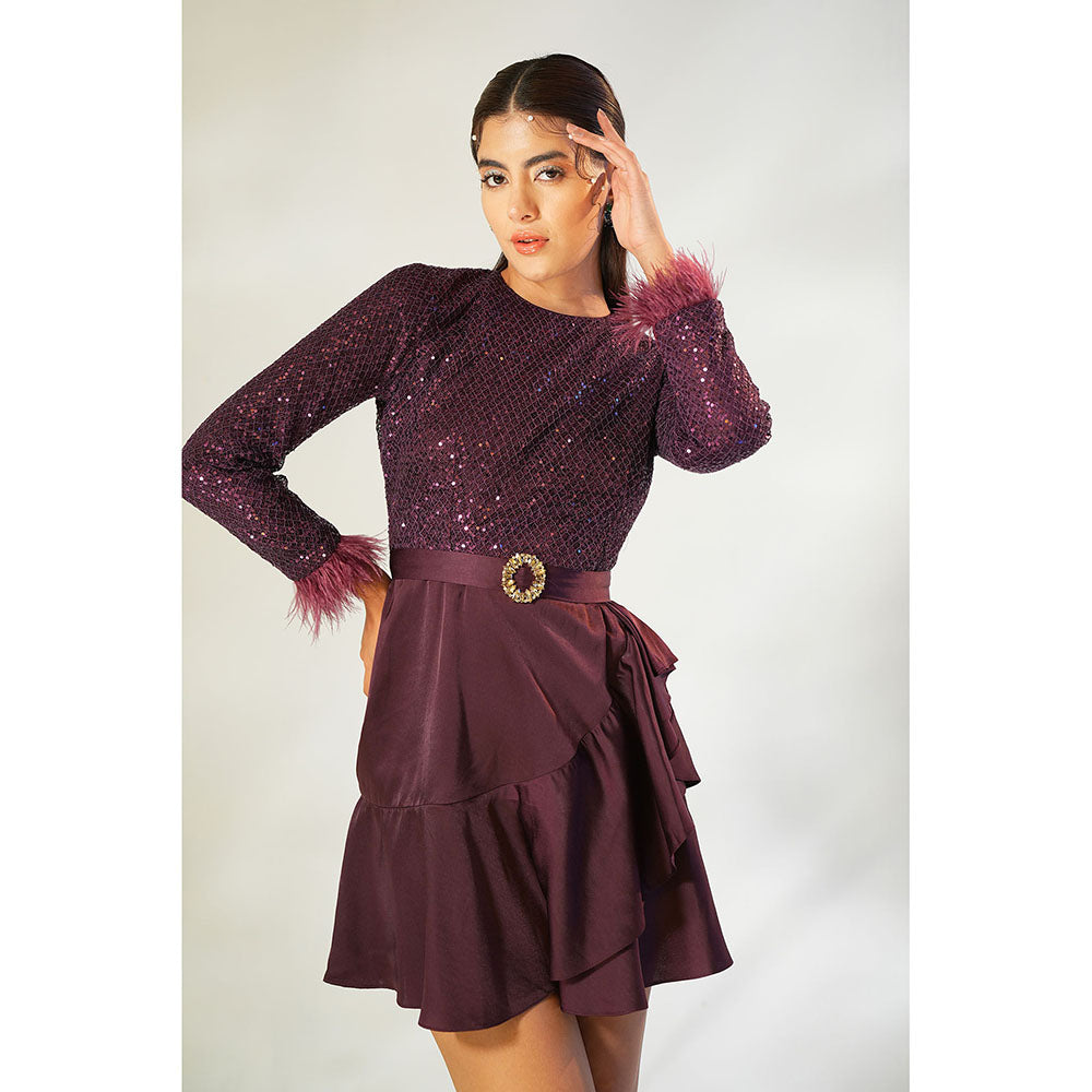 Label Iris Wine Sequin & Feather Dress