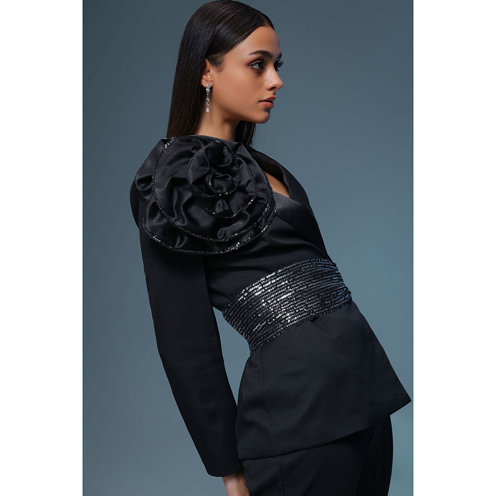 Label Iris Black Sequin Rosette Blazer with Pant (Set of 2)