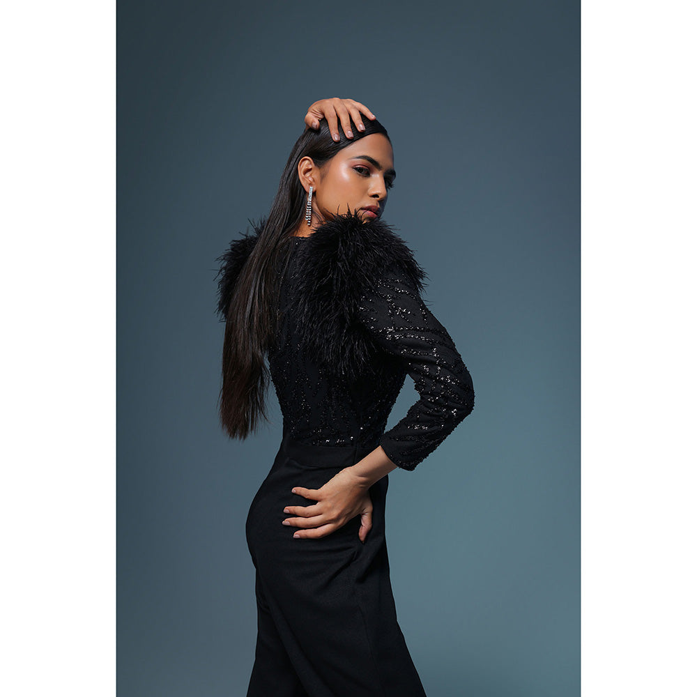 Label Iris Black Feather Sequin Jumpsuit