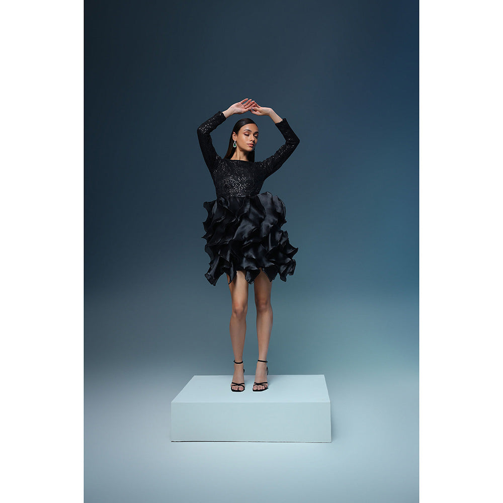 Label Iris Black Sequin Organza Ruffle Dress