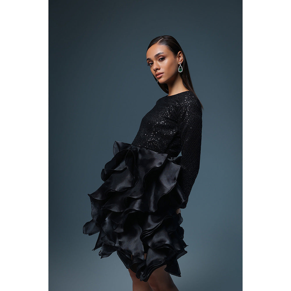 Label Iris Black Sequin Organza Ruffle Dress