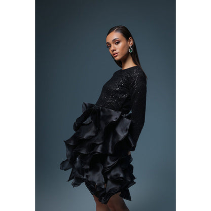 Label Iris Black Sequin Organza Ruffle Dress