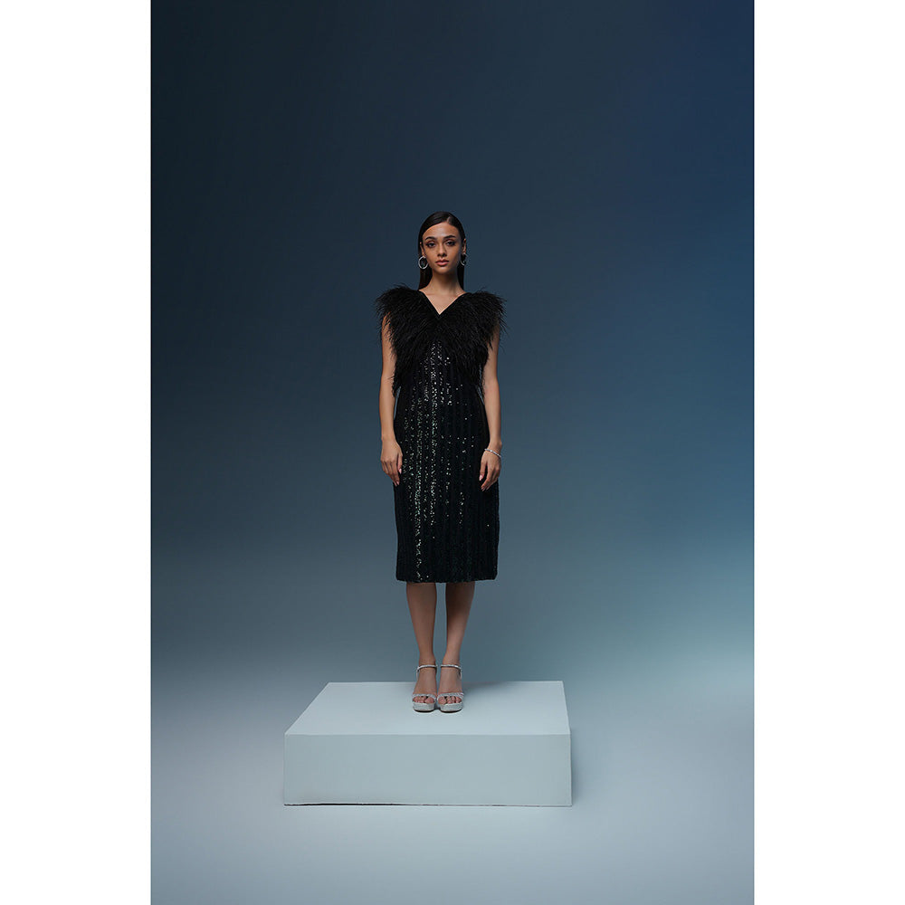 Label Iris Black and Emerald Sequin Feather Midi Dress