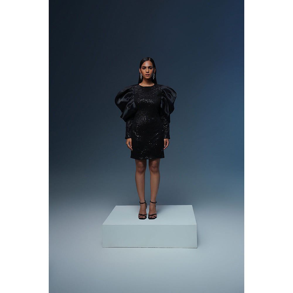 Label Iris Black Sequin Organza Sleeves Dress