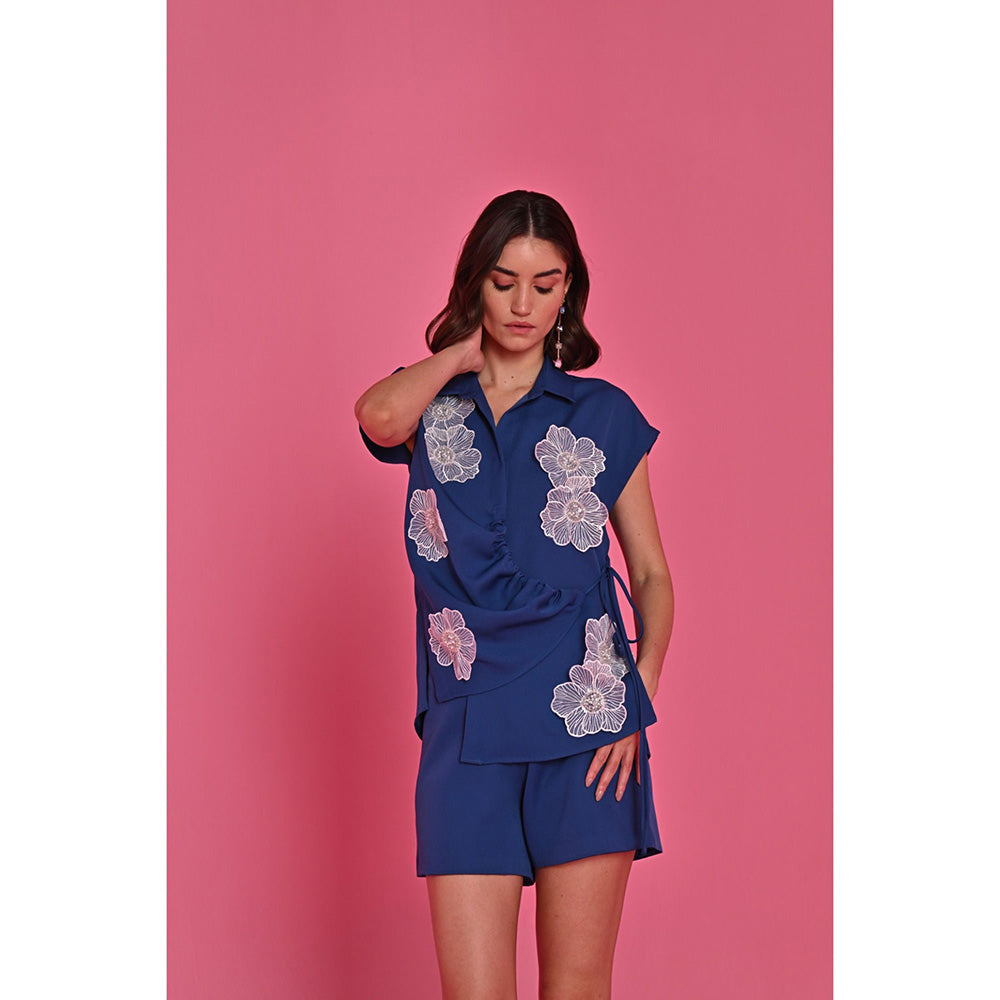 Label Iris Blue Belle Embellished Top and Shorts (Set of 2)