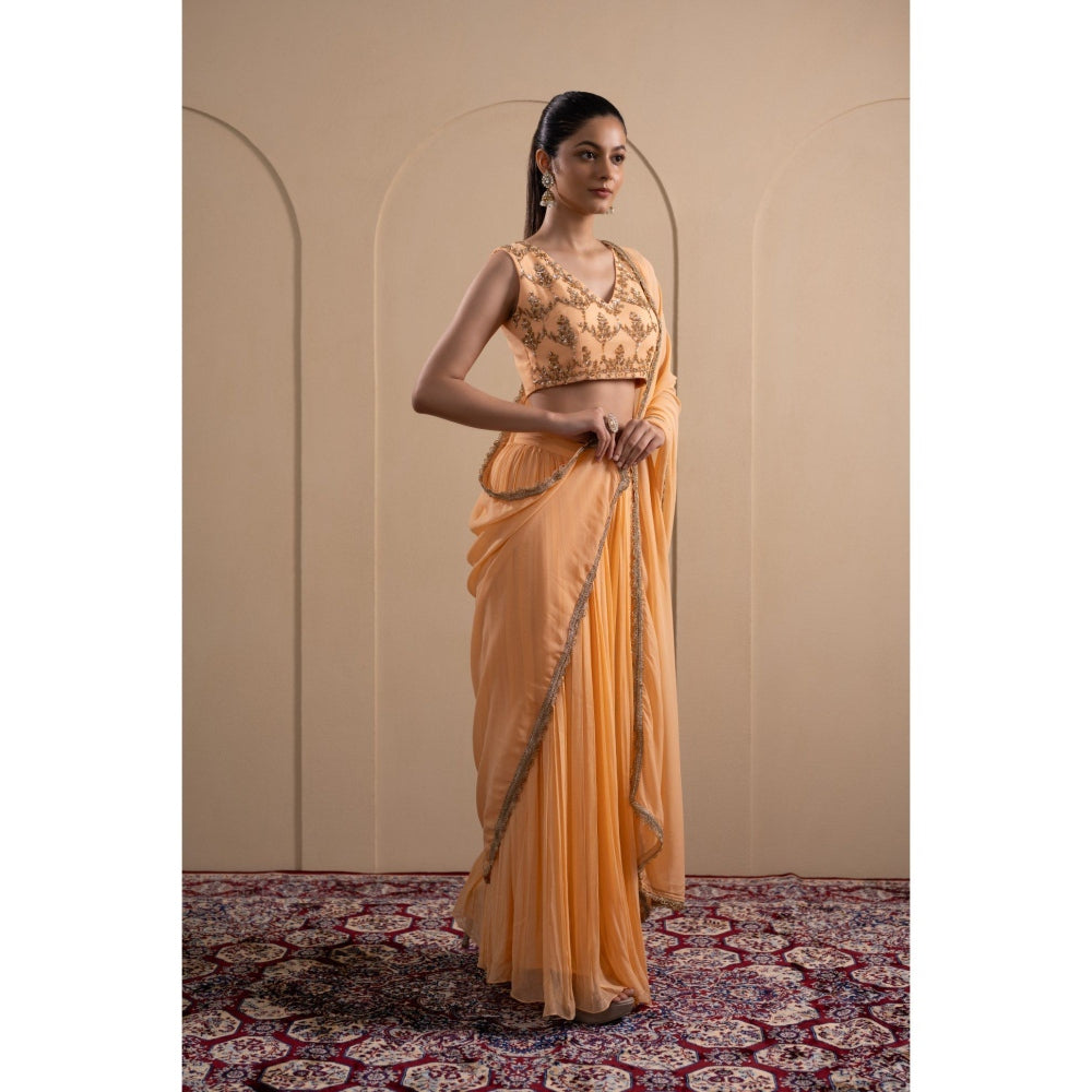 LABEL TANYA CHOPRA Peach Georgette Blouse and Lehenga with Dupatta (Set of 3)