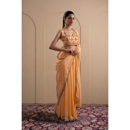 LABEL TANYA CHOPRA Peach Georgette Blouse and Lehenga with Dupatta (Set of 3)