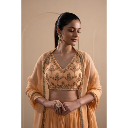 LABEL TANYA CHOPRA Peach Georgette Blouse and Lehenga with Dupatta (Set of 3)
