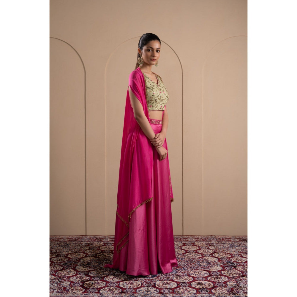 LABEL TANYA CHOPRA Mint Green and Pink Blouse and Skirt with Dupatta (Set of 3)