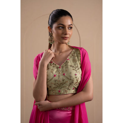 LABEL TANYA CHOPRA Mint Green and Pink Blouse and Skirt with Dupatta (Set of 3)