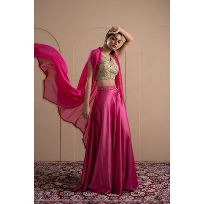 LABEL TANYA CHOPRA Mint Green and Pink Blouse and Skirt with Dupatta (Set of 3)