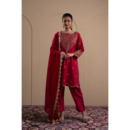 LABEL TANYA CHOPRA Deep Red Kurta and Trouser with Dupatta (Set of 3)