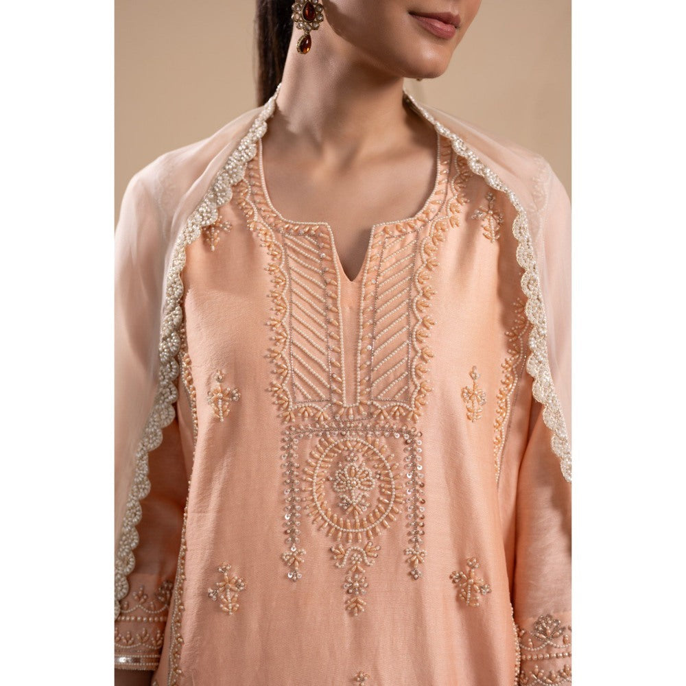LABEL TANYA CHOPRA Peach and Cream Kurta with Trouser and Dupatta (Set of 3)