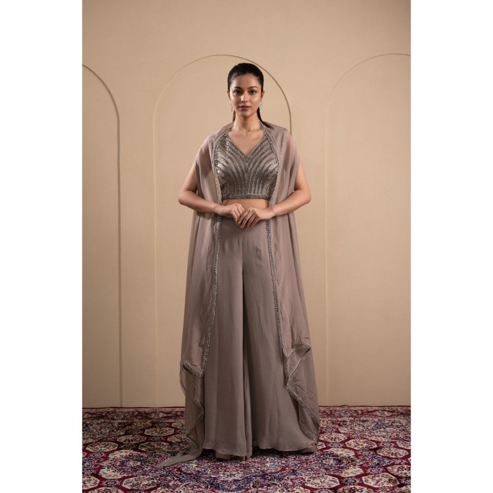 LABEL TANYA CHOPRA Grey Georgette Blouse and Palazzos with Dupatta (Set of 3)