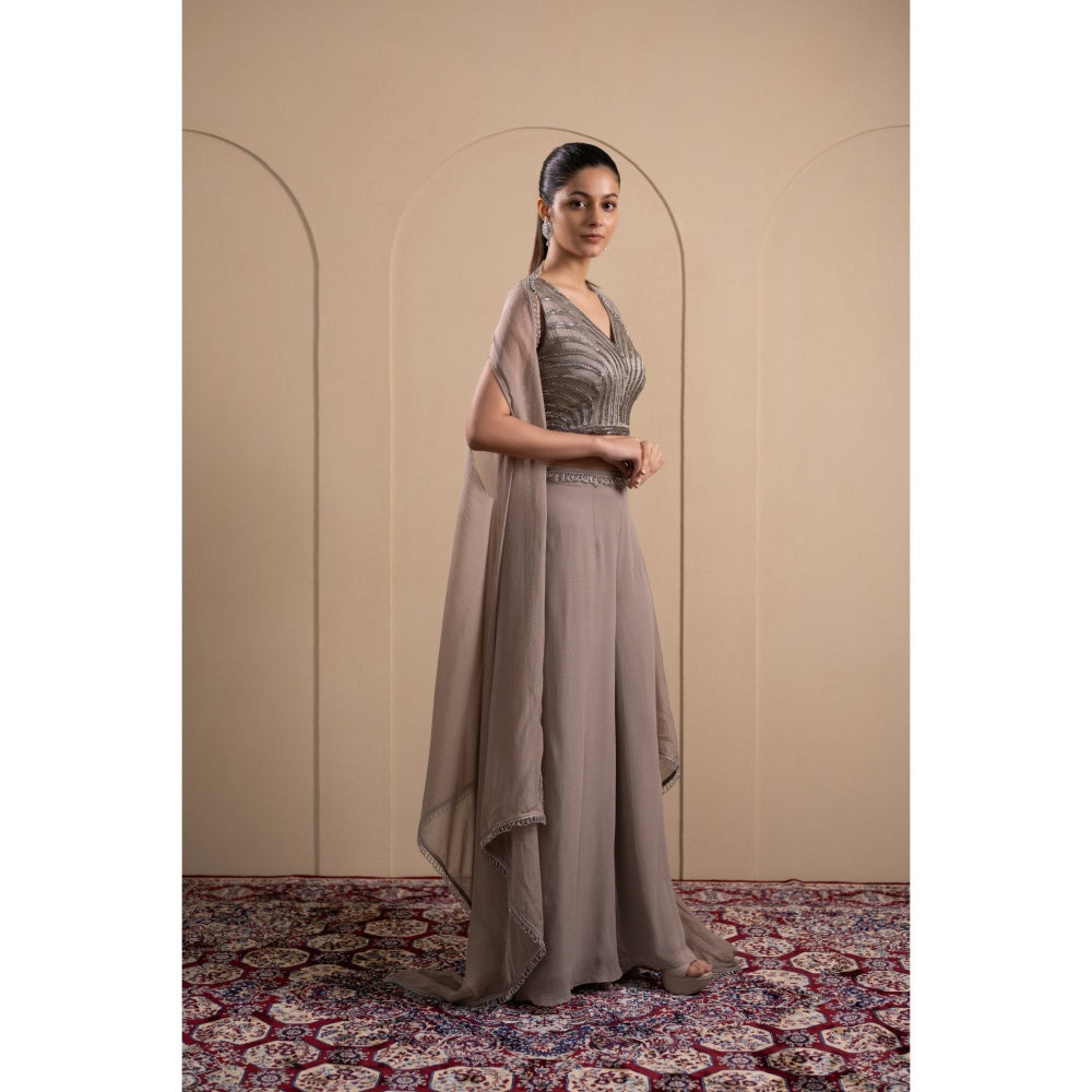 LABEL TANYA CHOPRA Grey Georgette Blouse and Palazzos with Dupatta (Set of 3)