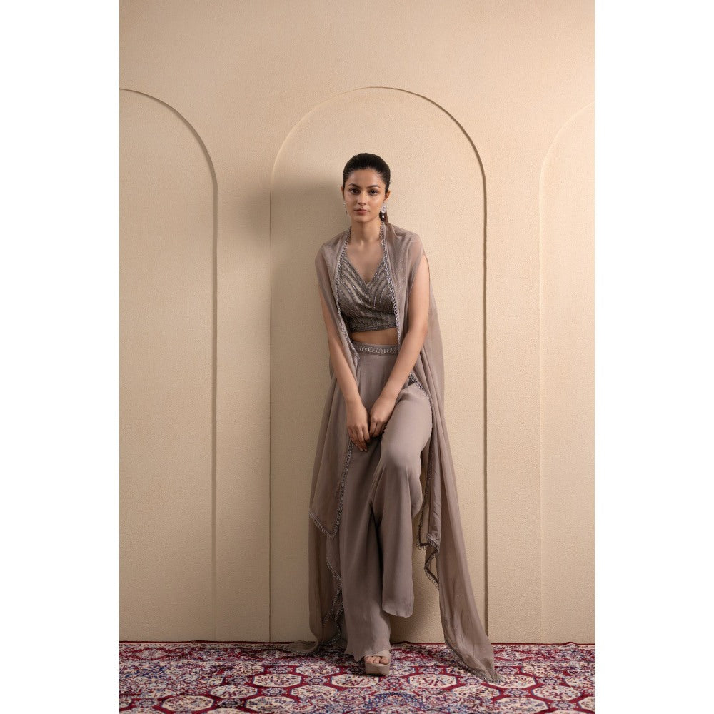 LABEL TANYA CHOPRA Grey Georgette Blouse and Palazzos with Dupatta (Set of 3)