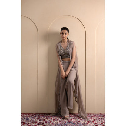 LABEL TANYA CHOPRA Grey Georgette Blouse and Palazzos with Dupatta (Set of 3)