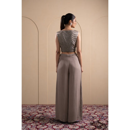 LABEL TANYA CHOPRA Grey Georgette Blouse and Palazzos with Dupatta (Set of 3)