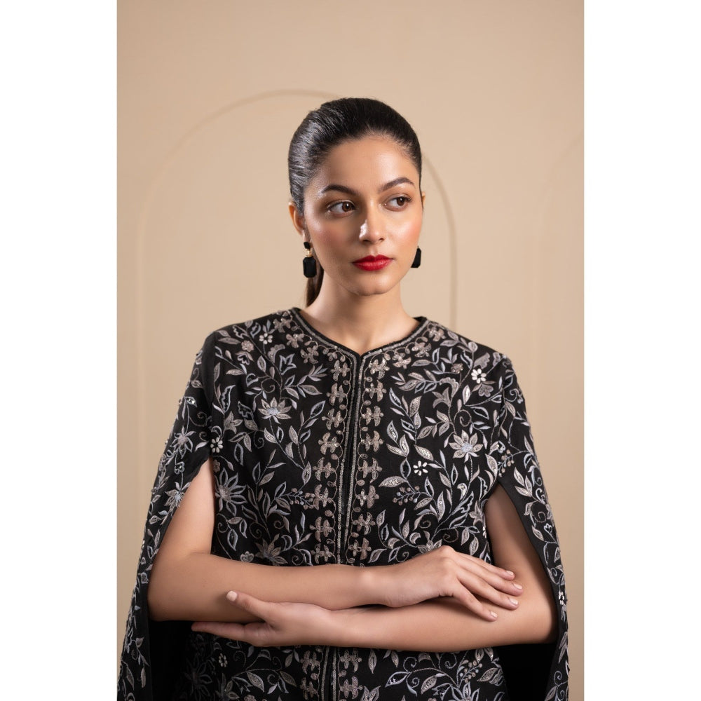 LABEL TANYA CHOPRA Black Cotton Cape with Top and Pants (Set of 3)