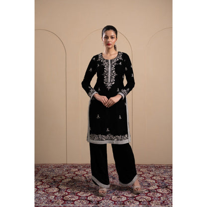 LABEL TANYA CHOPRA Black Velvet Kurta and Pants with Dupatta (Set of 3)