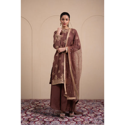 LABEL TANYA CHOPRA Bronze Silk Kurta and Pants with Dupatta (Set of 3)