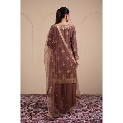 LABEL TANYA CHOPRA Bronze Silk Kurta and Pants with Dupatta (Set of 3)