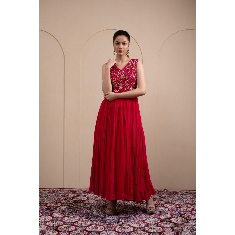 LABEL TANYA CHOPRA Pink Georgette Anarkali Gown with Pants (Set of 2)