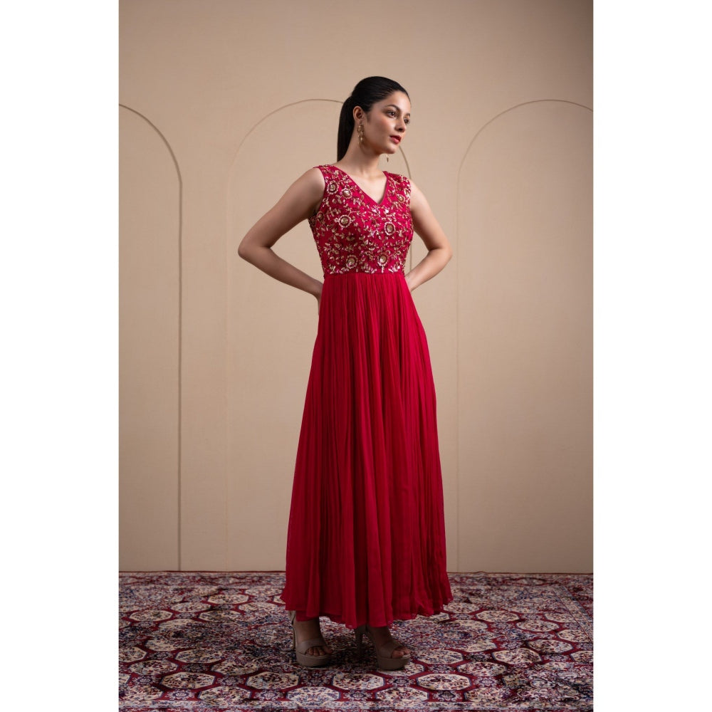 LABEL TANYA CHOPRA Pink Georgette Anarkali Gown with Pants (Set of 2)