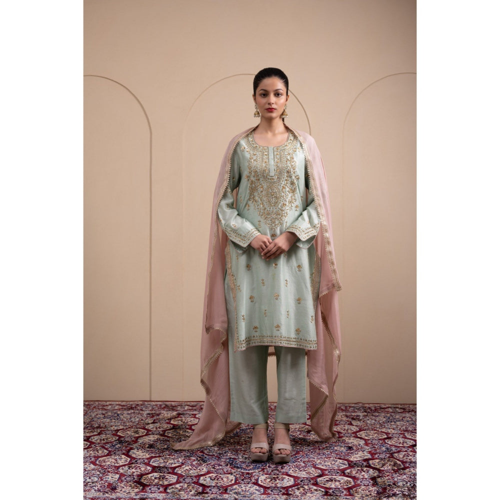 LABEL TANYA CHOPRA Mint Green Chanderi Kurta and Pants with Dupatta (Set of 3)