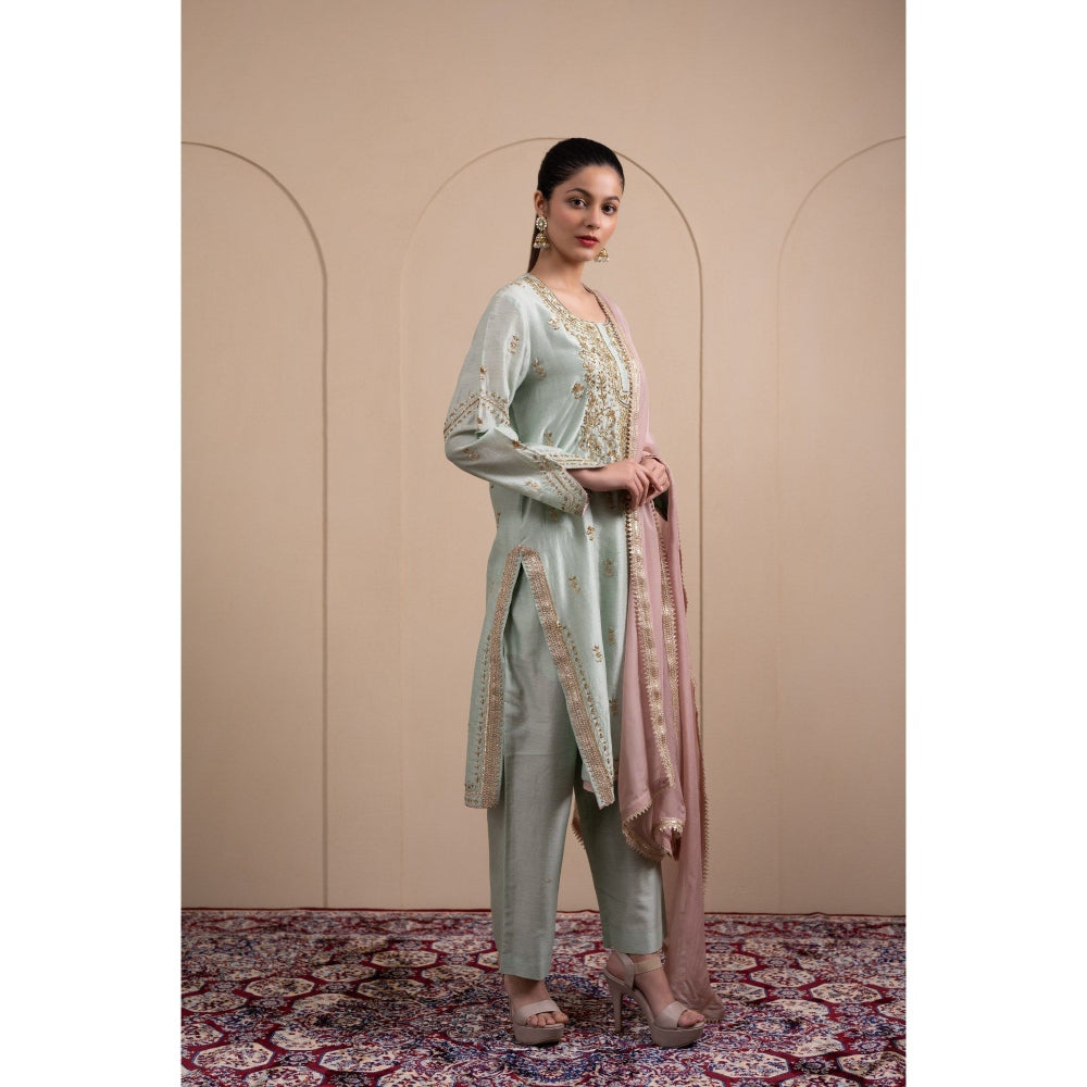 LABEL TANYA CHOPRA Mint Green Chanderi Kurta and Pants with Dupatta (Set of 3)