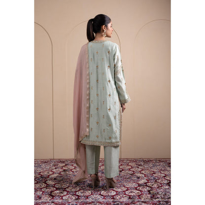 LABEL TANYA CHOPRA Mint Green Chanderi Kurta and Pants with Dupatta (Set of 3)