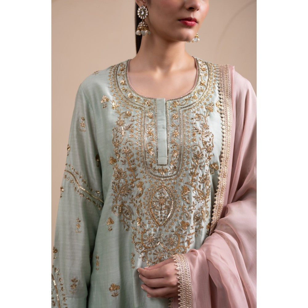 LABEL TANYA CHOPRA Mint Green Chanderi Kurta and Pants with Dupatta (Set of 3)