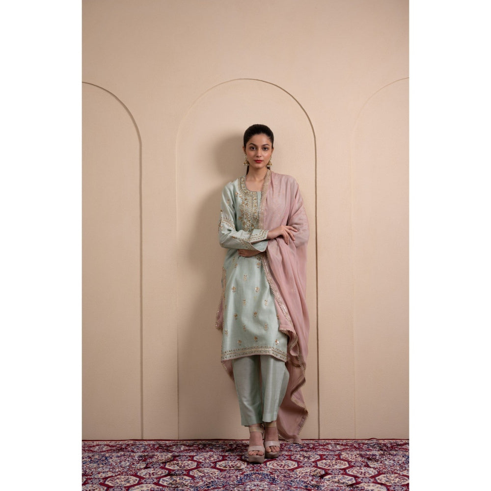 LABEL TANYA CHOPRA Mint Green Chanderi Kurta and Pants with Dupatta (Set of 3)