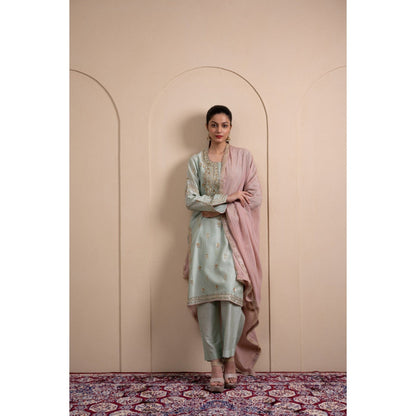 LABEL TANYA CHOPRA Mint Green Chanderi Kurta and Pants with Dupatta (Set of 3)